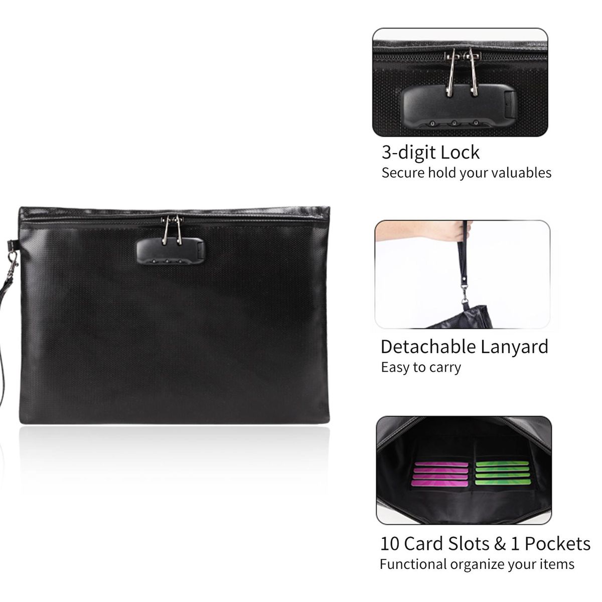 Fireproof Document Bag with Lock Money Safety Organizer Zipper Closure Storage Pouch Pocket with 10 Cards Slot for for A4 Documents File Cash Passport Certificates Home Office Travel