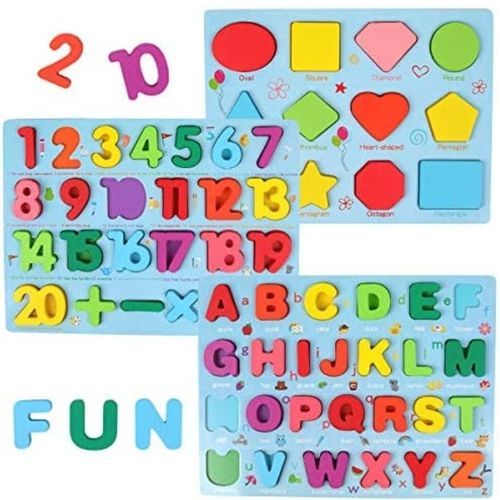 Wooden Puzzle Alphabet, Number And Shapes Block For Toddlers
