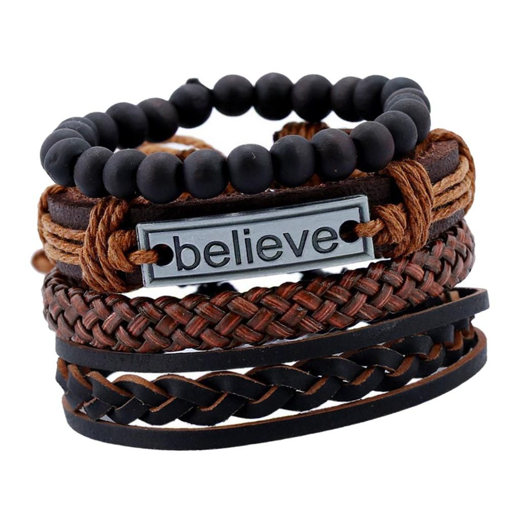 4 Piece Bracelets For Men, PU Leather Bracelet Arm Chain Braided Rope