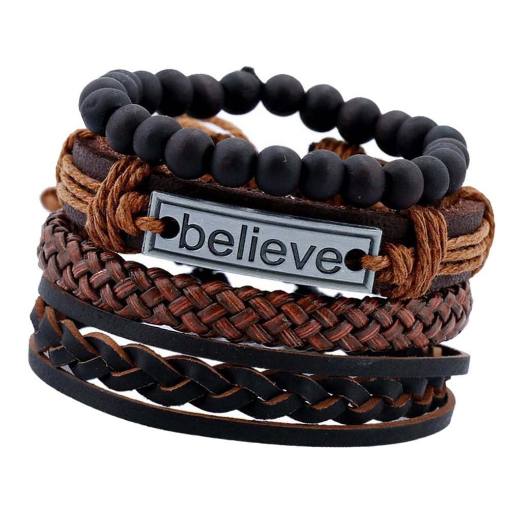 4 Piece Bracelets For Men, PU Leather Bracelet Arm Chain Braided Rope