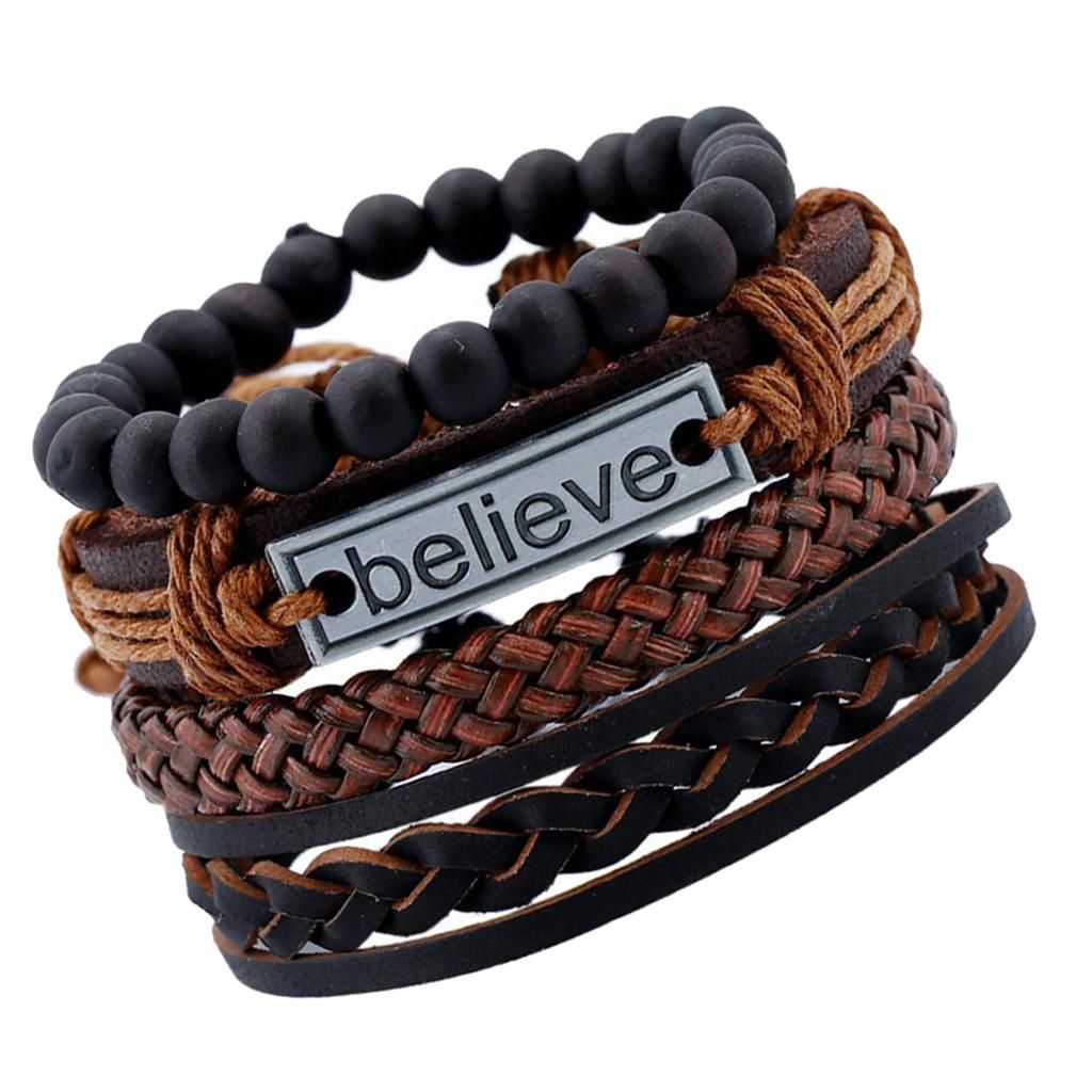 4 Piece Bracelets For Men, PU Leather Bracelet Arm Chain Braided Rope