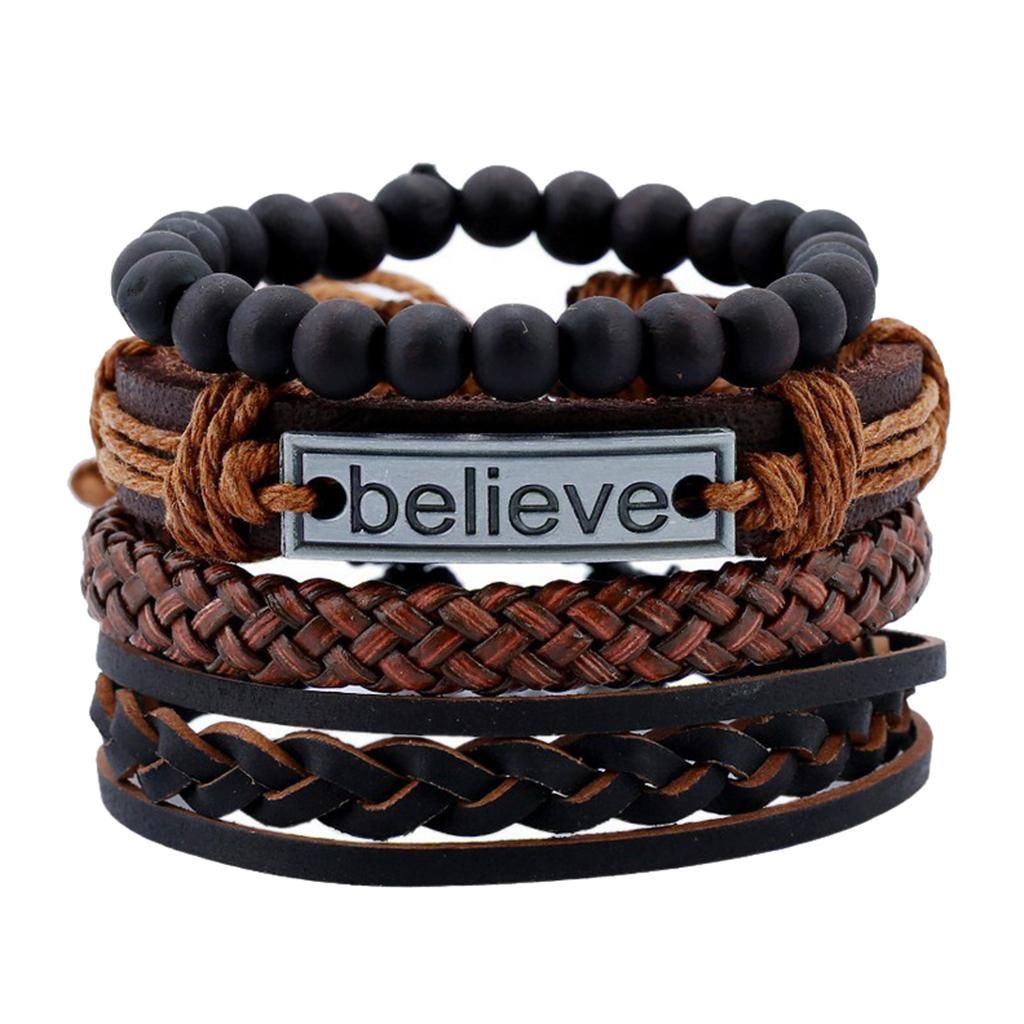 4 Piece Bracelets For Men, PU Leather Bracelet Arm Chain Braided Rope