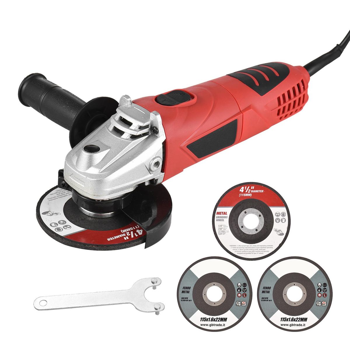 Angle Grinder, 6-Amp 720W 4-1/2” / 5'' Electric Grinder Power Tools with Grinding Wheels, Cutting Wheels, Flap Disc and Auxiliary Handle for Cutting, Grinding, Polishing and Rust Removal - Red UK