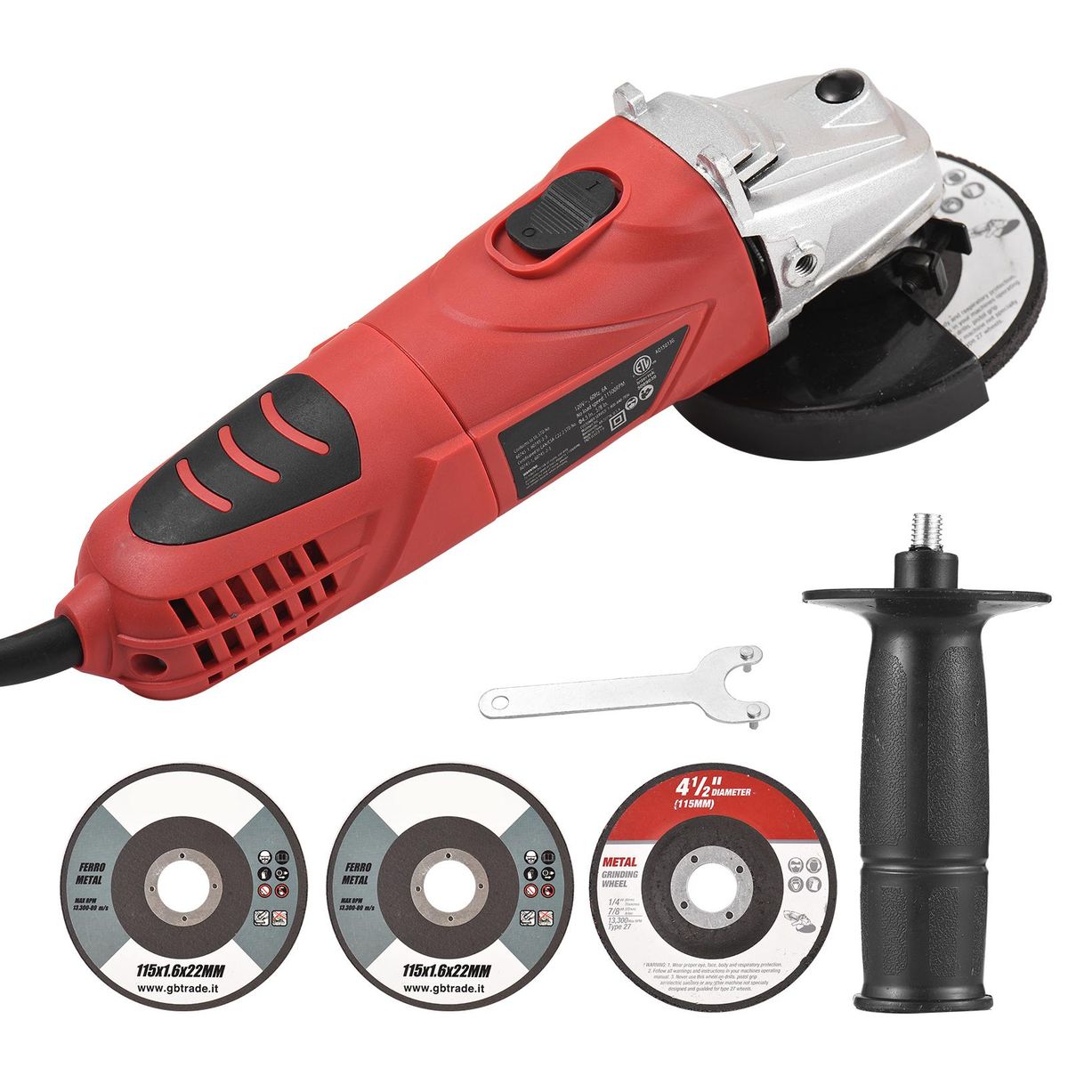 Angle Grinder, 6-Amp 720W 4-1/2” / 5'' Electric Grinder Power Tools with Grinding Wheels, Cutting Wheels, Flap Disc and Auxiliary Handle for Cutting, Grinding, Polishing and Rust Removal - Red UK