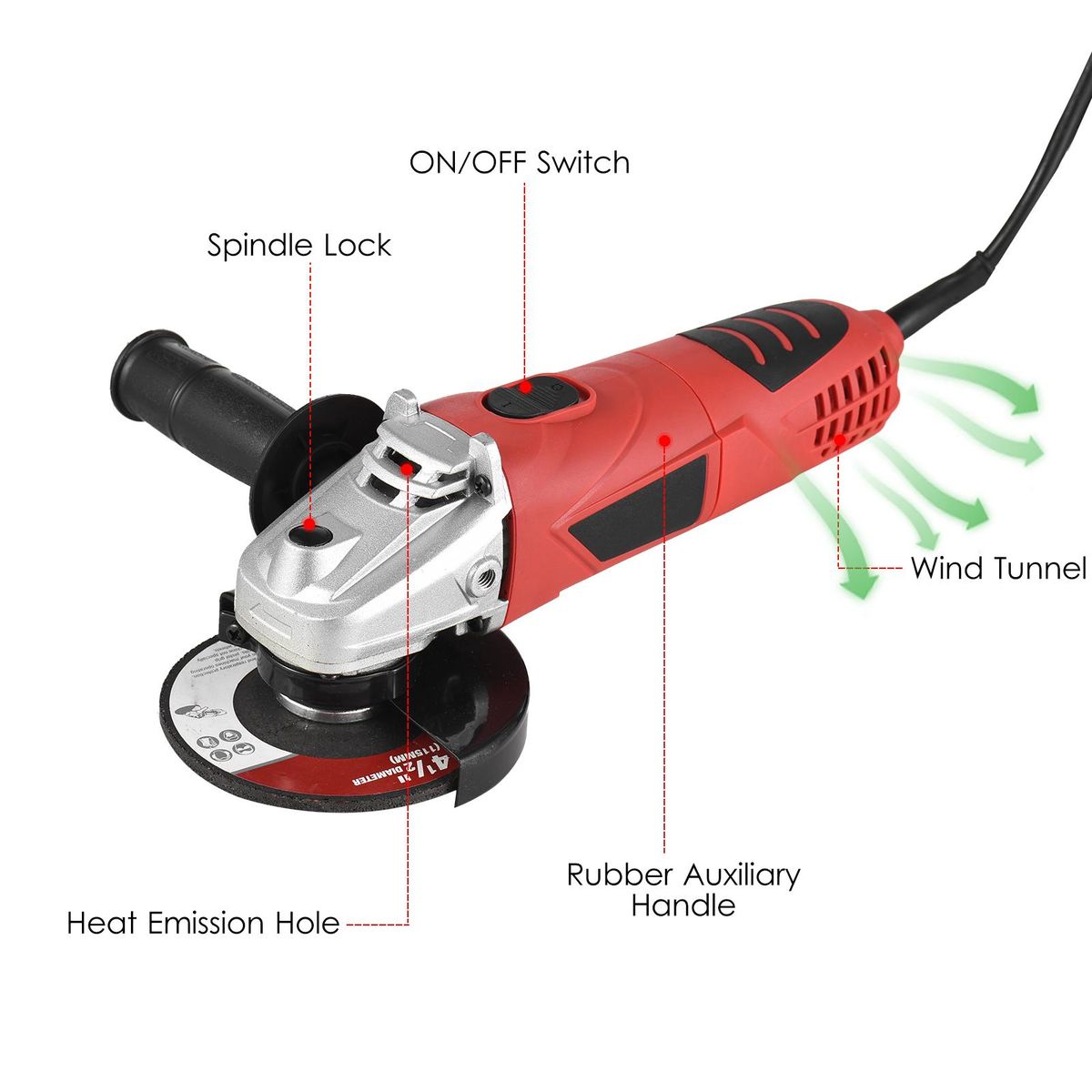 Angle Grinder, 6-Amp 720W 4-1/2” / 5'' Electric Grinder Power Tools with Grinding Wheels, Cutting Wheels, Flap Disc and Auxiliary Handle for Cutting, Grinding, Polishing and Rust Removal - Red UK