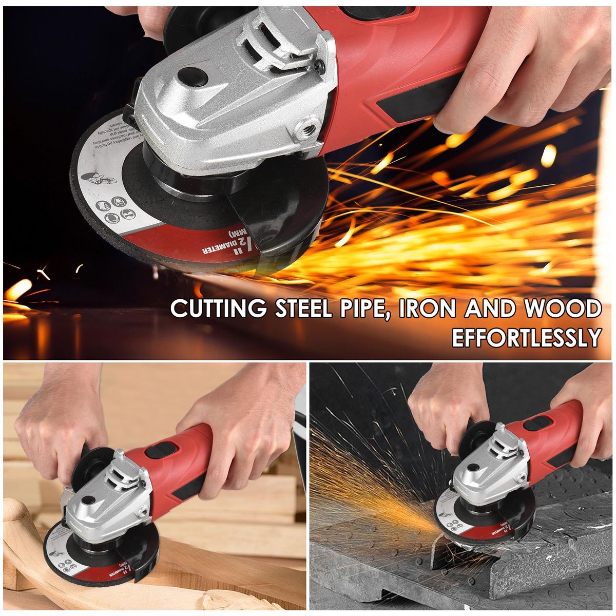 Angle Grinder, 6-Amp 720W 4-1/2” / 5'' Electric Grinder Power Tools with Grinding Wheels, Cutting Wheels, Flap Disc and Auxiliary Handle for Cutting, Grinding, Polishing and Rust Removal - Red UK