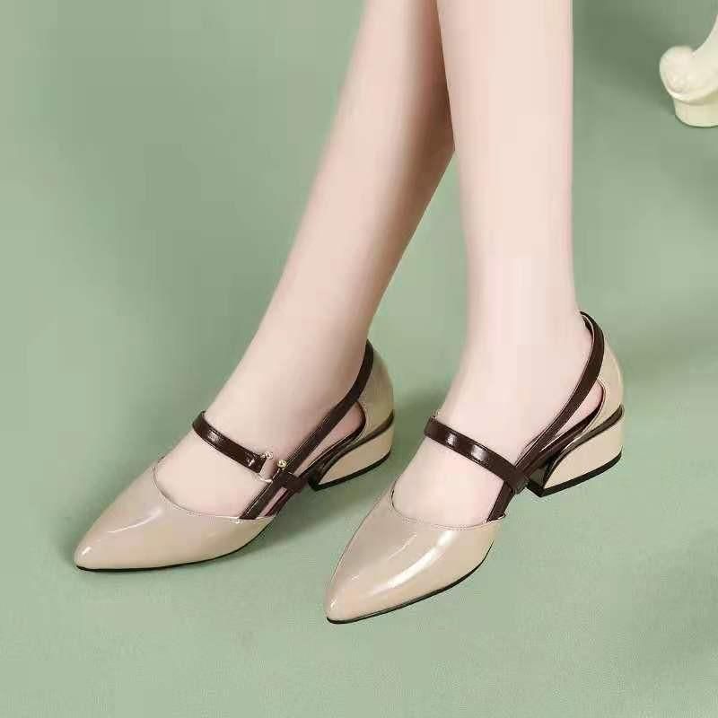Jingling's 2022 New Women's High Heels Korean Edition Thick Heel Fairy Style Pointed Toe Bow Button