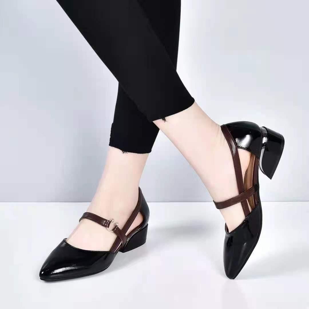 Jingling's 2022 New Women's High Heels Korean Edition Thick Heel Fairy Style Pointed Toe Bow Button