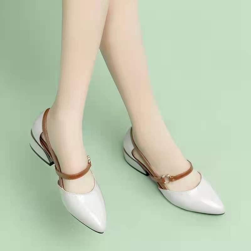 Jingling's 2022 New Women's High Heels Korean Edition Thick Heel Fairy Style Pointed Toe Bow Button
