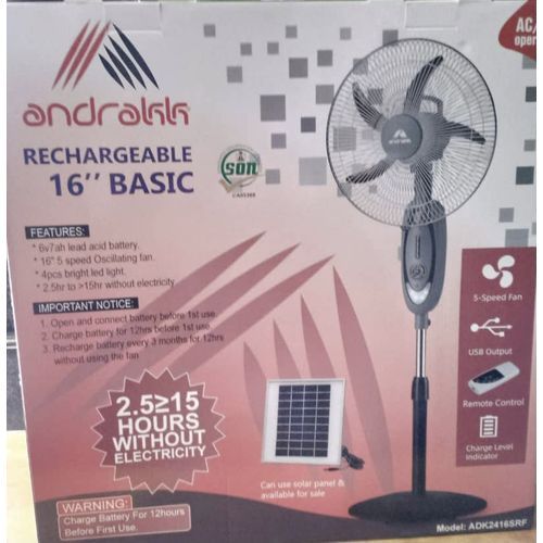16 Rechargeable Fan With Solar Charging Port+LED Light