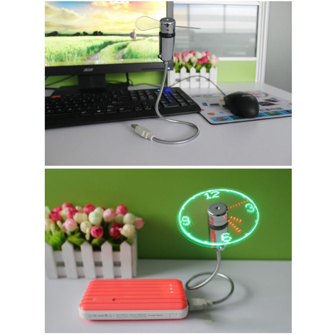 Mini Durable USB Clock Time Display Flexible LED Light Fan