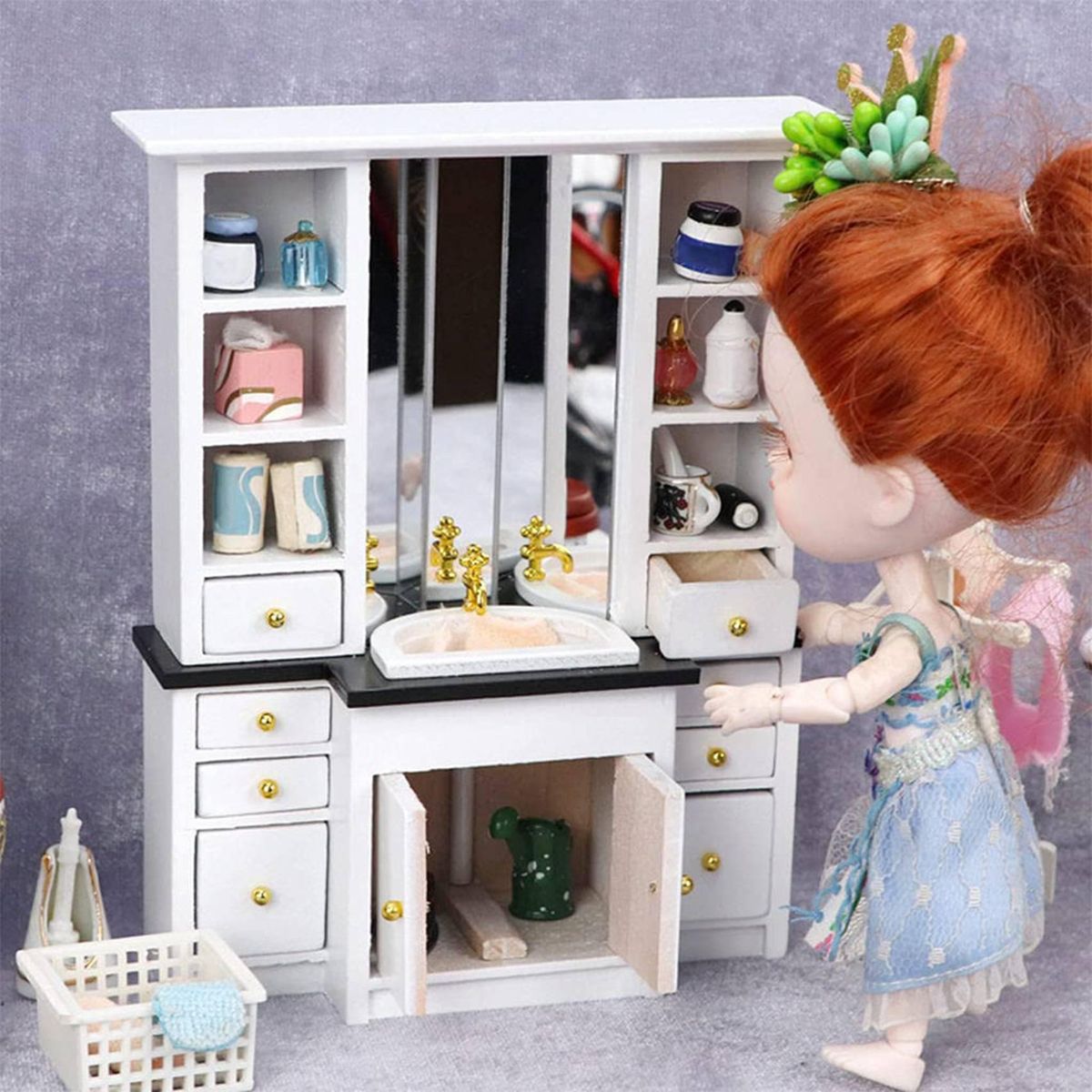 1/12 Doll House Miniature Cupboard Wash Basin Sink Cabinet