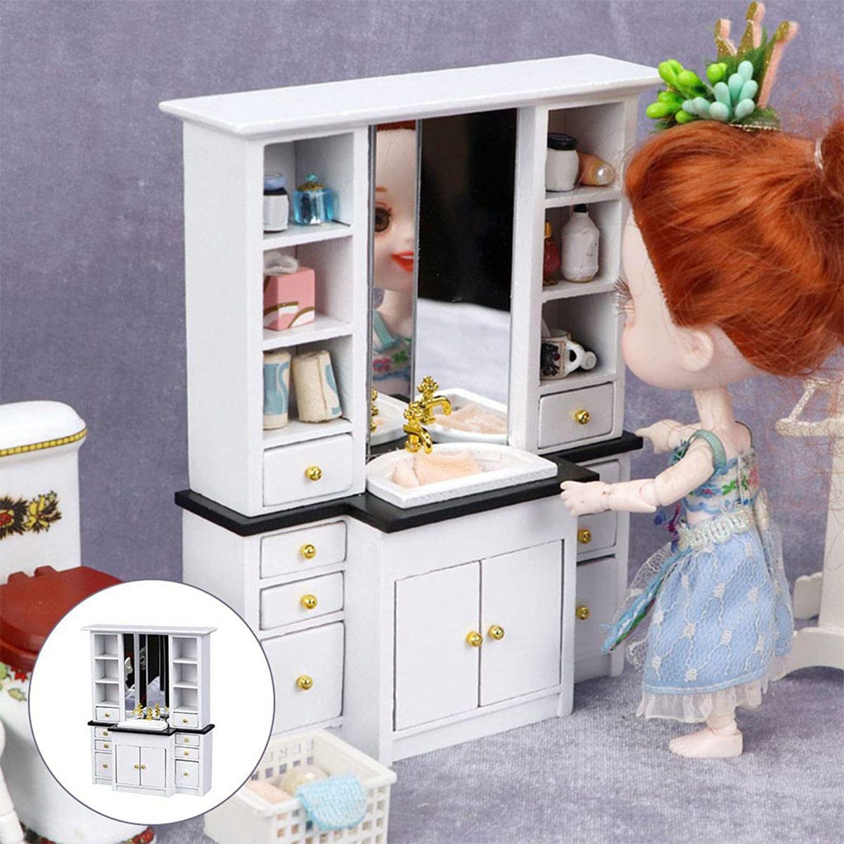 1/12 Doll House Miniature Cupboard Wash Basin Sink Cabinet