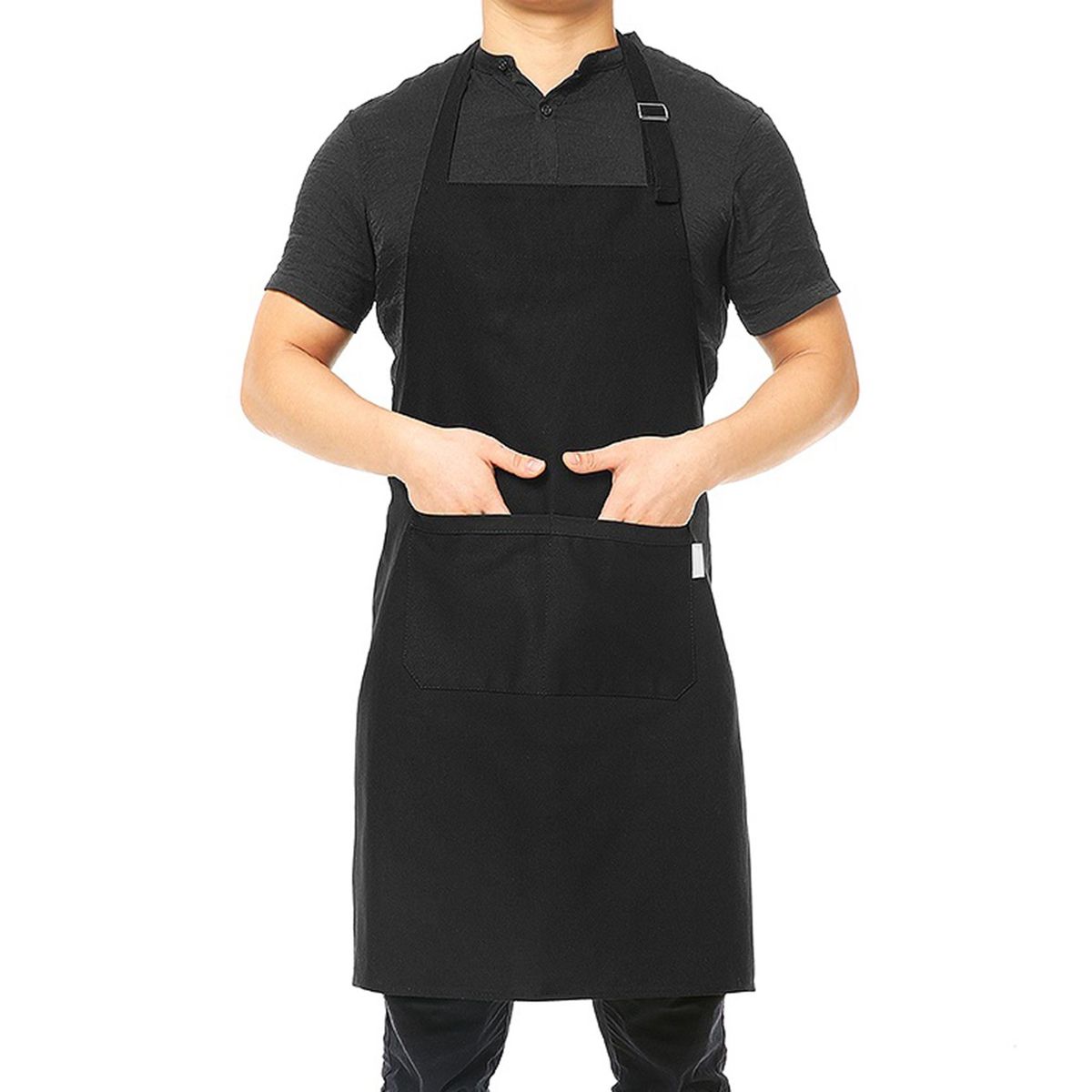 Multi-purpose Kitchen BBQ Restaurant Apron Cooking Grilling Waiter Apron with Adjustable Neck Belt Ultra Long Waist Ties Two Front Pockets for Anyone--Black