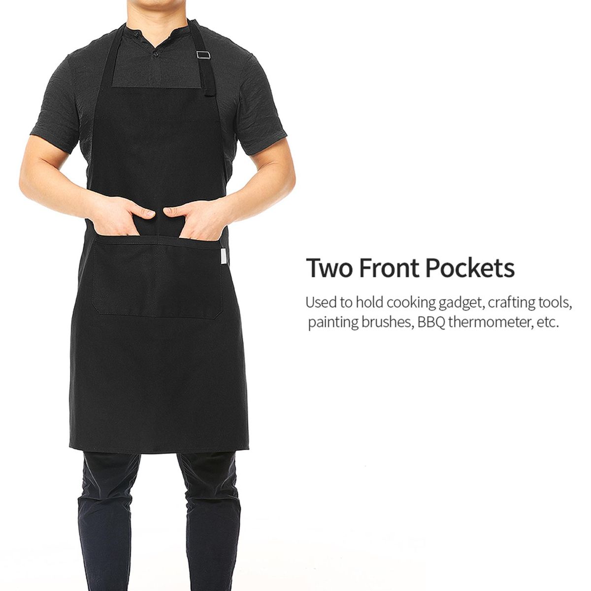 Multi-purpose Kitchen BBQ Restaurant Apron Cooking Grilling Waiter Apron with Adjustable Neck Belt Ultra Long Waist Ties Two Front Pockets for Anyone--Black