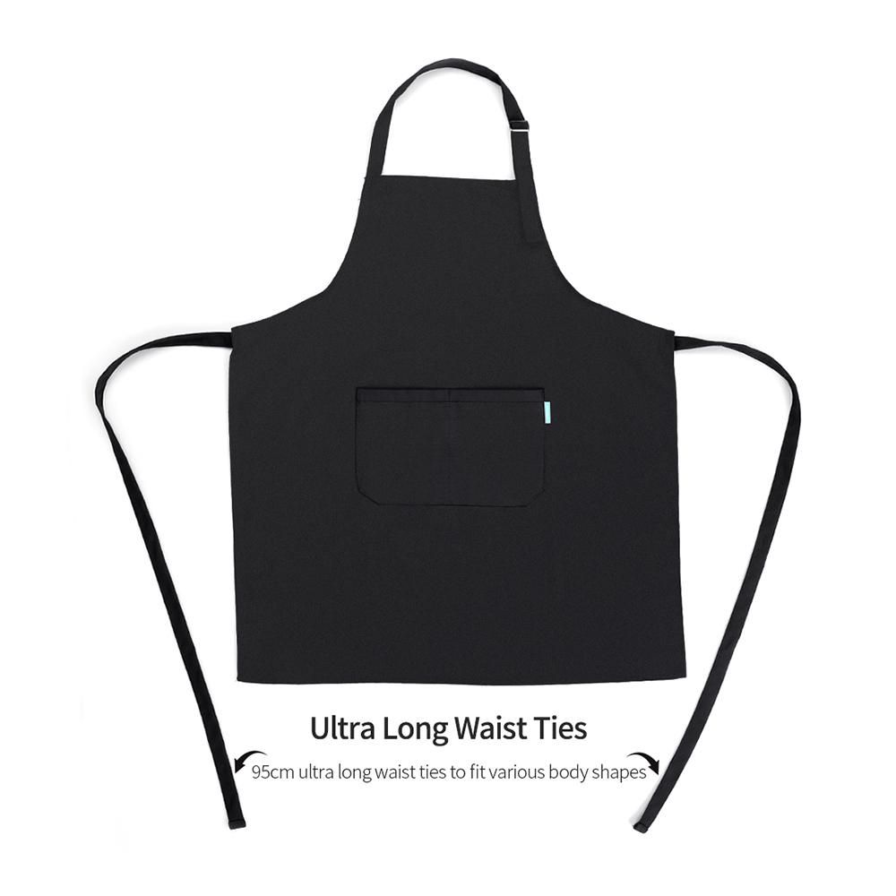 Multi-purpose Kitchen BBQ Restaurant Apron Cooking Grilling Waiter Apron with Adjustable Neck Belt Ultra Long Waist Ties Two Front Pockets for Anyone--Black