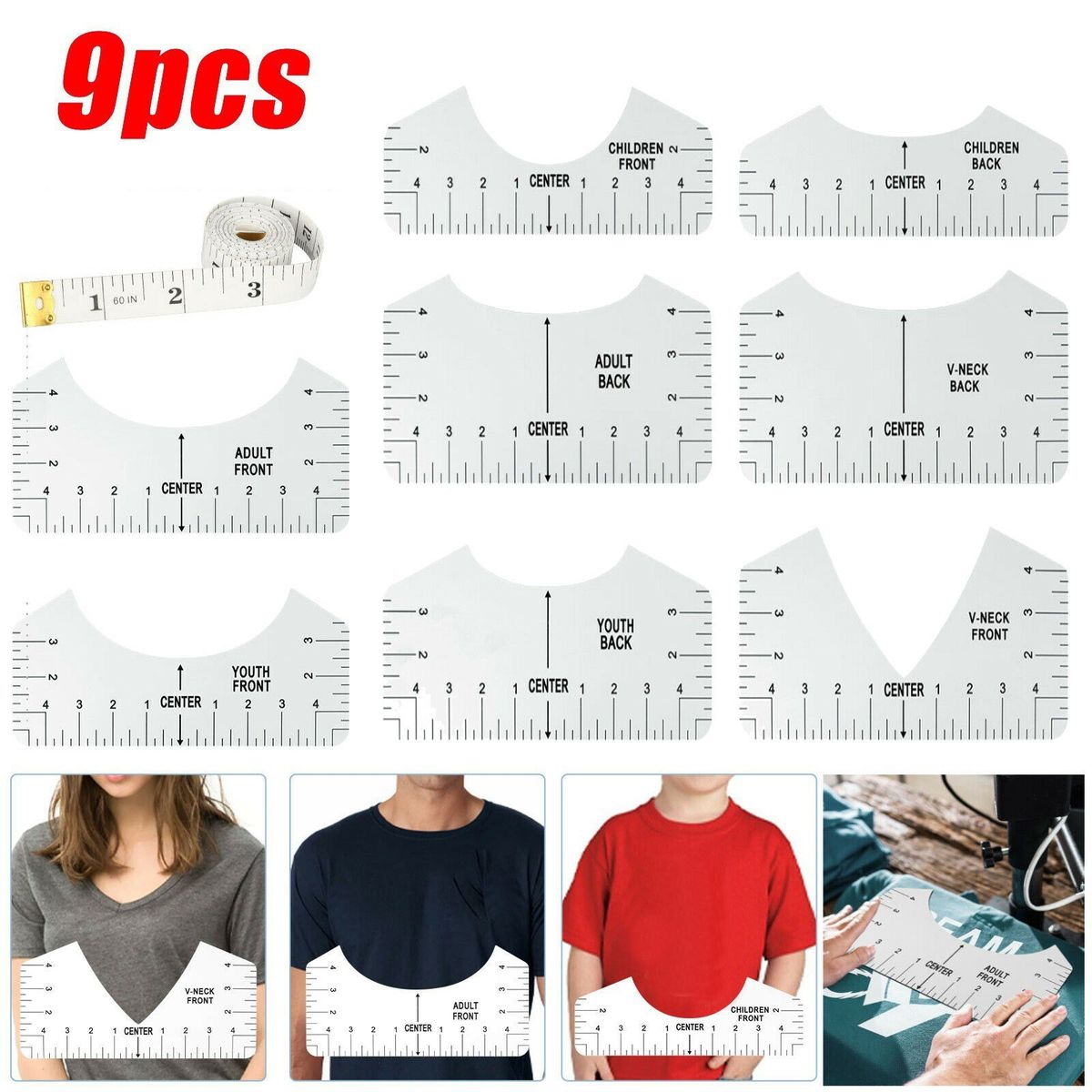 9pcs/set T-shirt Guide Ruler PVC T-Shirt Alignment Ruler