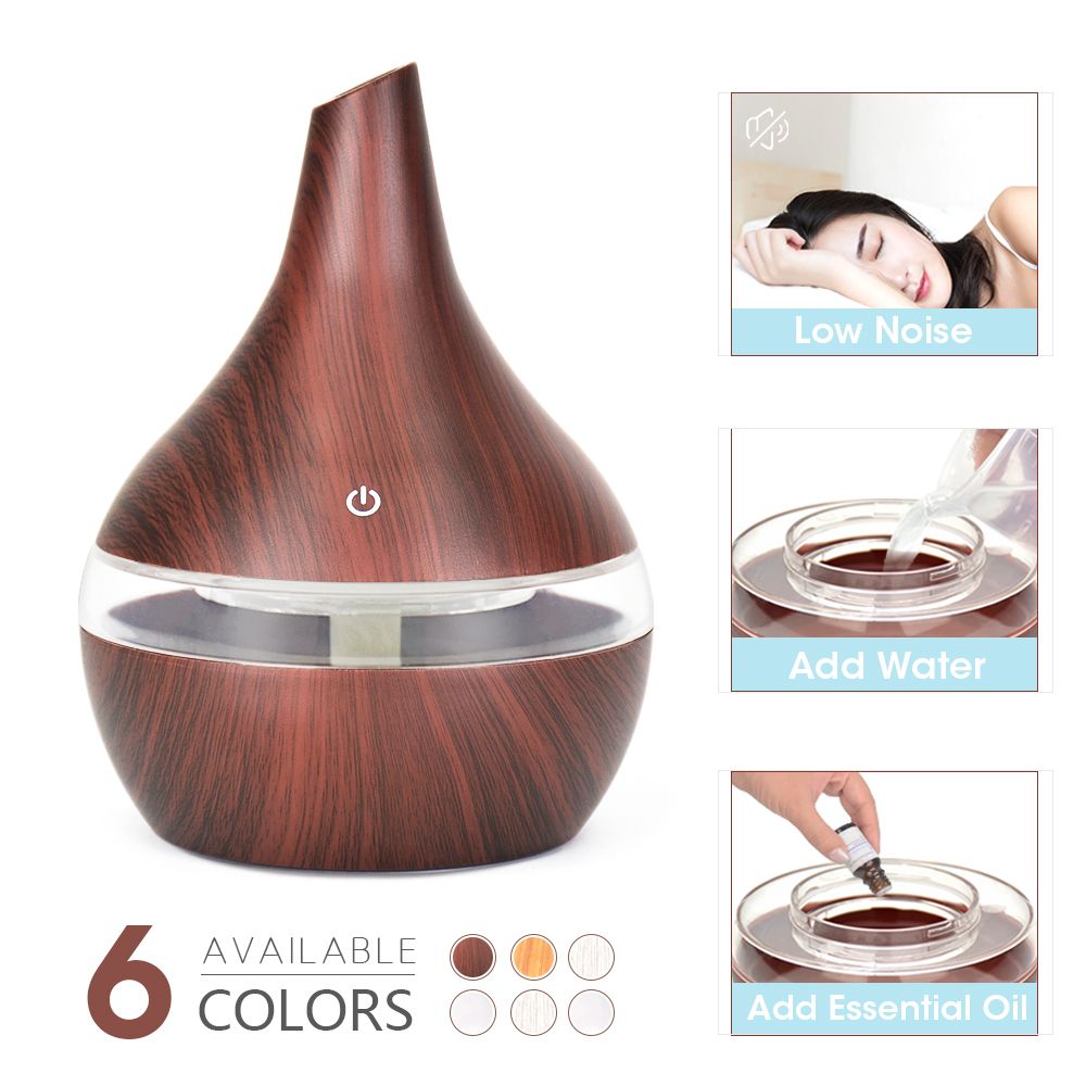 300ML USB Humidifier Electric Oil Aromatherapy Wood Grain Ultrasonic Air Diffuser With 7 Colors Lights For Home Office Car