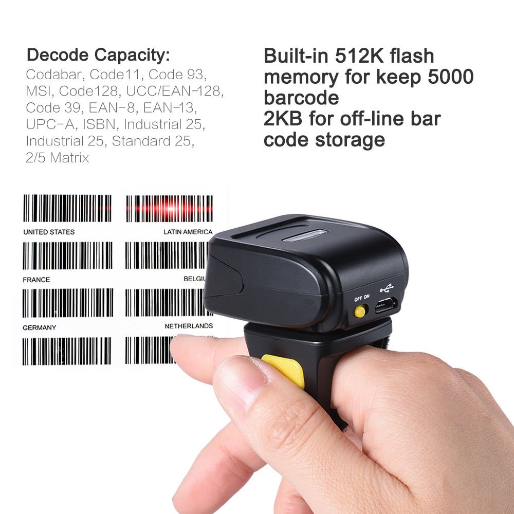 Portable Handheld Bluetooth Wireless Ring Finger Scanner
