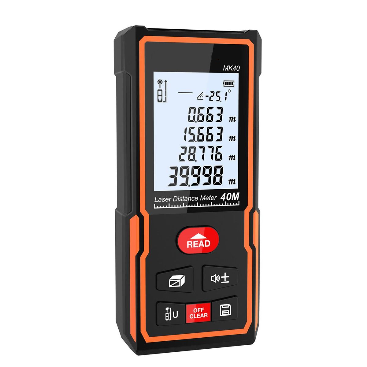 Handheld Digital Laser Distance Meter Portable Area Volume Measurement Tool Range Finder High-precision Rangefinder M/In/Ft Data Storage Memory Function LCD Display Backlight Electronic Angle (40m)