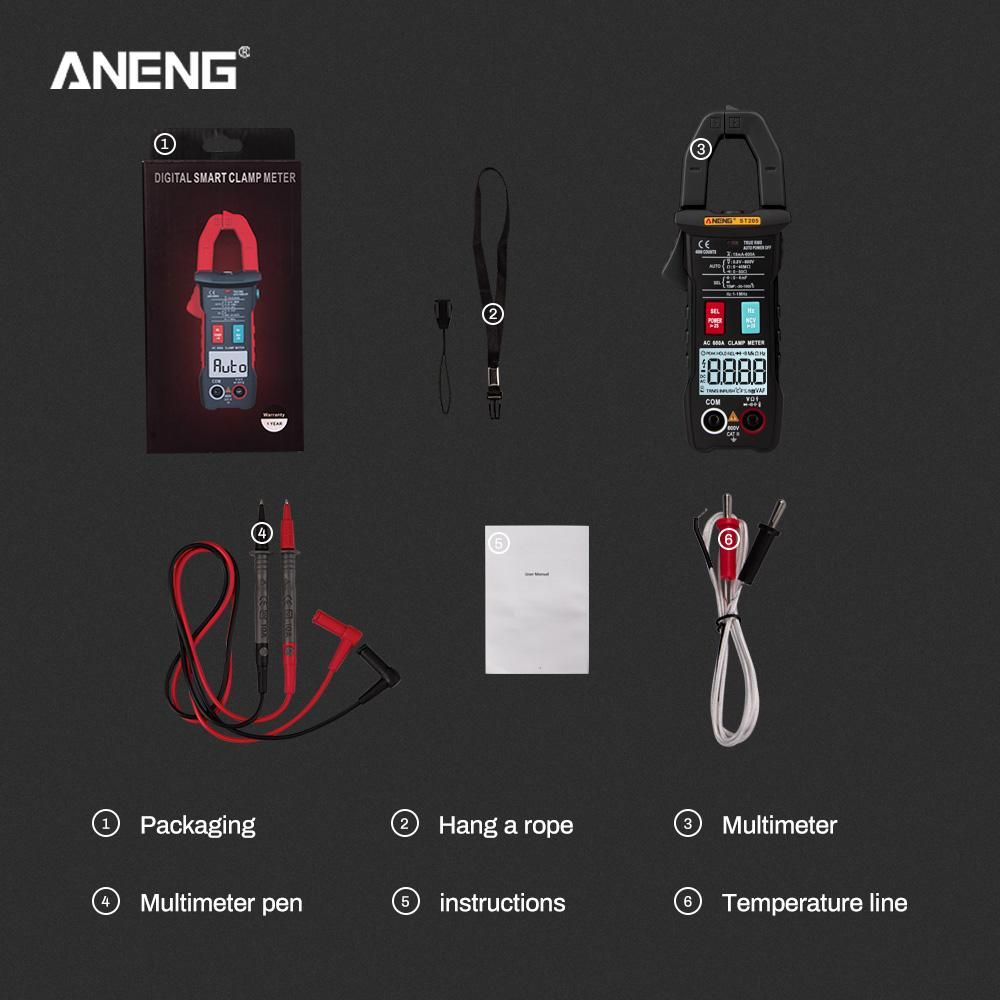 ANENG ST205 4000 Counts Full Intelligent Automatic Range True RMS Digital Multimeter Clamp Meter AC/DC Voltage NCV Resistance Auto Range Flashlight with Temperature Measurement