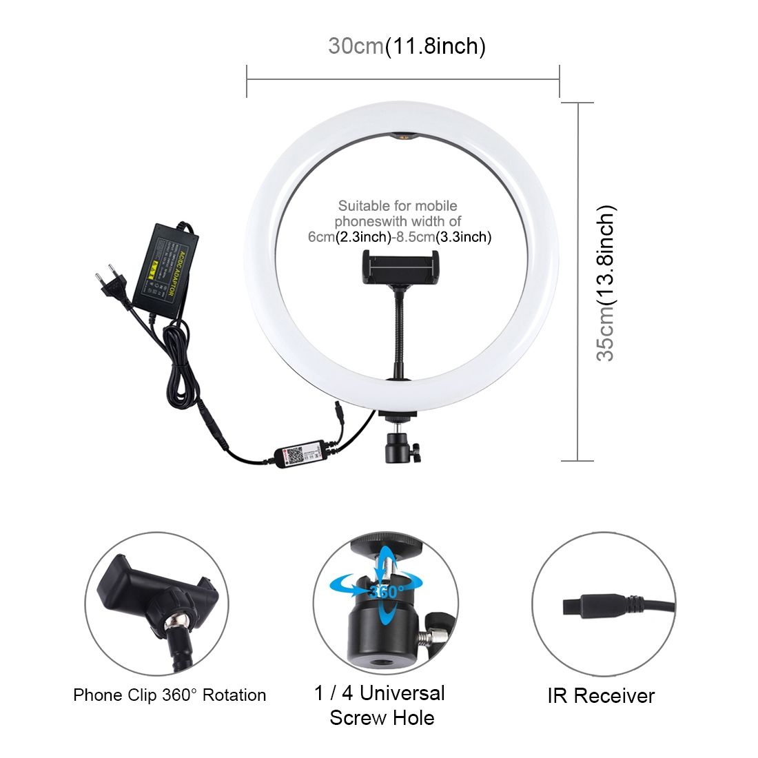 PULUZ 12 Inch RGB Dimmable LED Ring Vlogging Selfie Photography Video Lights With Cold Shoe Tripod Ball Head & Phone Clamp(EU Plug)