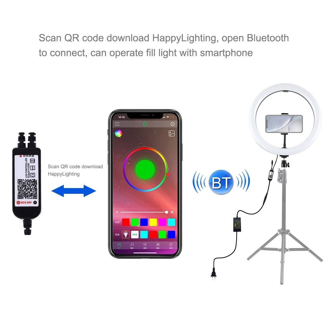 PULUZ 12 Inch RGB Dimmable LED Ring Vlogging Selfie Photography Video Lights With Cold Shoe Tripod Ball Head & Phone Clamp(EU Plug)