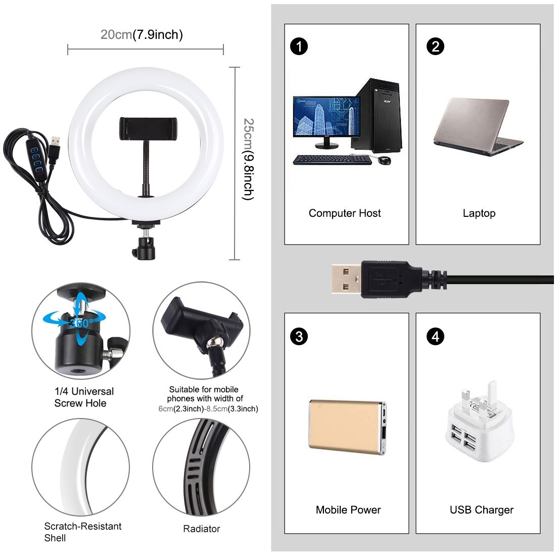 PULUZ 7.9 Inch 20cm USB 3 Modes Dimmable Dual Color Temperature LED Curved Light Ring Vlogging Selfie Photography Video Lights With Phone Clamp (Black)