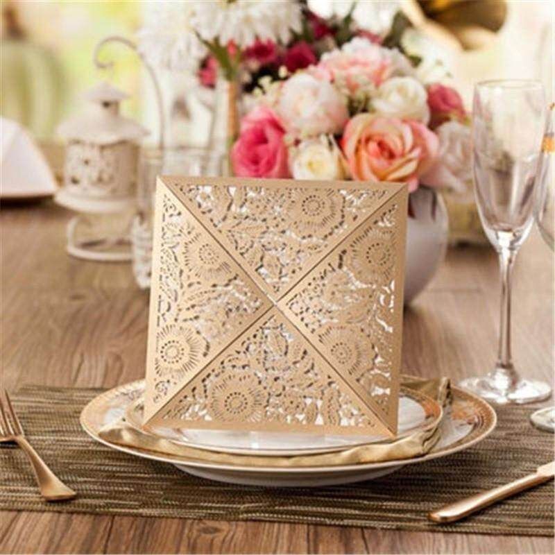 12pcs/Lot Design Rustic Gold Wedding Invitations Laser Cut Invitation Cards With Insert Paper Blank Card Envelope Gold