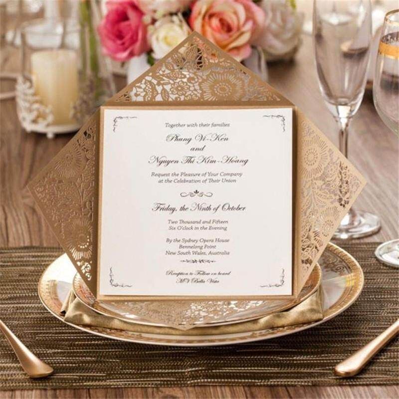 12pcs/Lot Design Rustic Gold Wedding Invitations Laser Cut Invitation Cards With Insert Paper Blank Card Envelope Gold