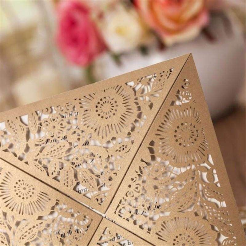 12pcs/Lot Design Rustic Gold Wedding Invitations Laser Cut Invitation Cards With Insert Paper Blank Card Envelope Gold