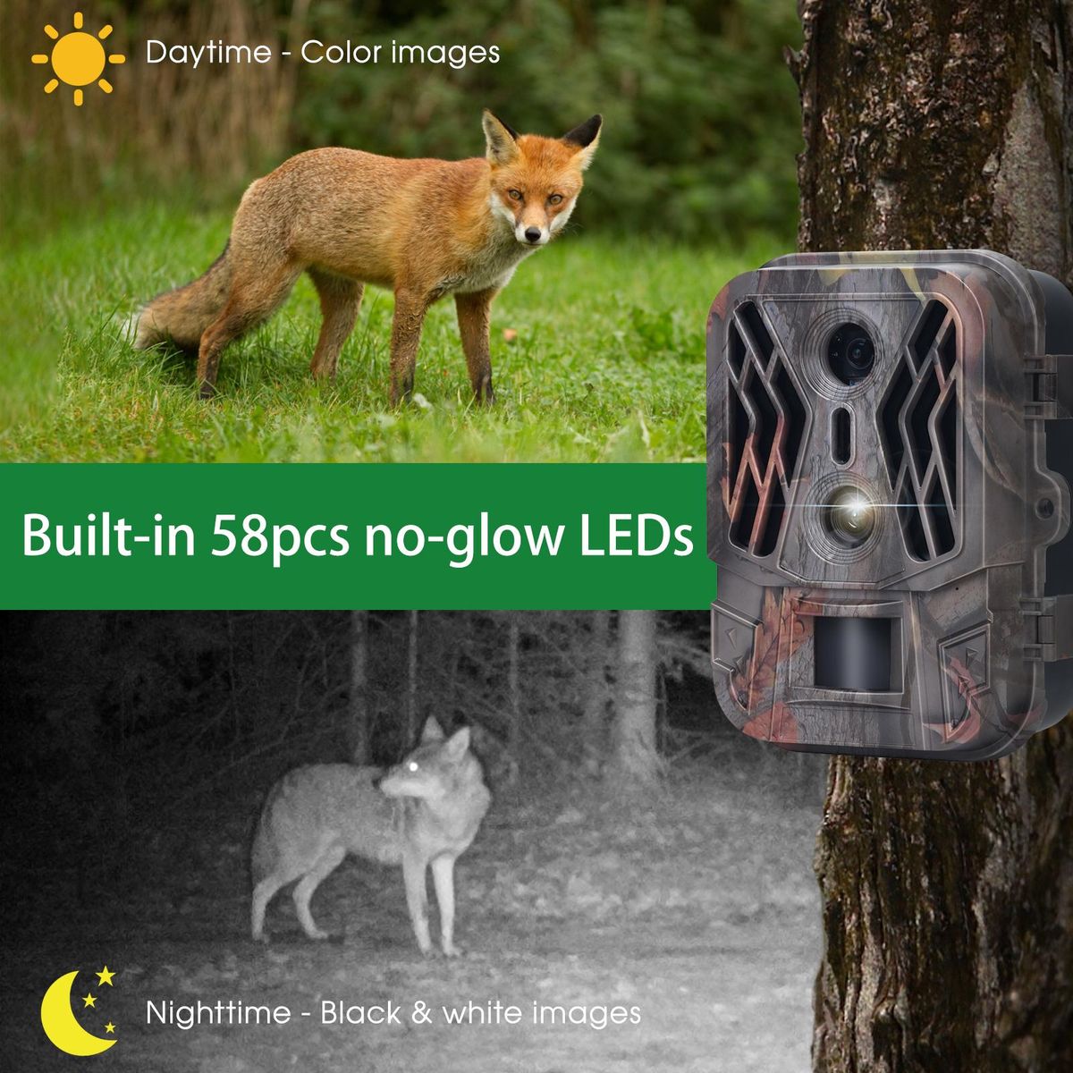 Dual Lens Trail Camera 36MP 4K Motion Activated Wildlife Hunting Camera No Glow Night Vision Wildlife Scouting Camera Farm Security Camera
