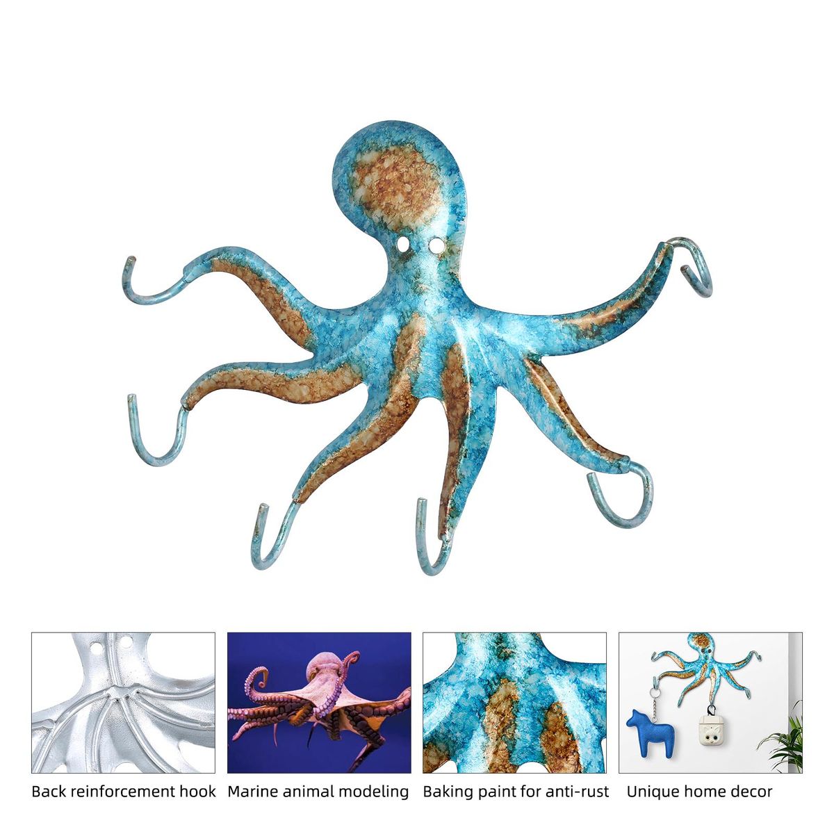 Tomfeel Octopus Wall Hook Iron Animal Hanger Handicrafts 6 Hooks for Coats Bags Accessories Hanger Wall Decoration Blue