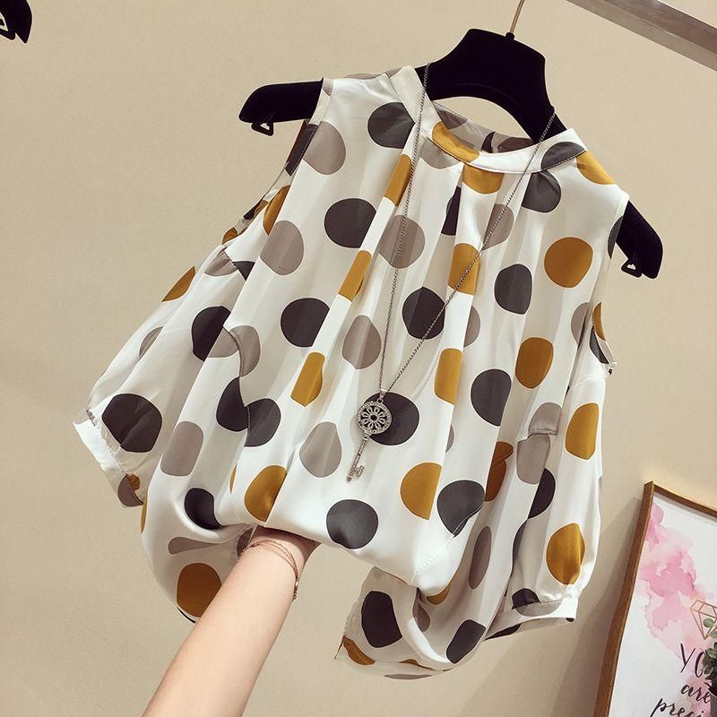 Large Size Women's Summer Fat Sister Loose Slimming Belly-Covered Western Style Top Polka Dot off-the-Shoulder Short Sleeve Chiffon Shirt