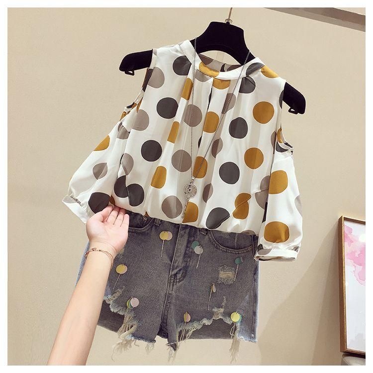 Large Size Women's Summer Fat Sister Loose Slimming Belly-Covered Western Style Top Polka Dot off-the-Shoulder Short Sleeve Chiffon Shirt