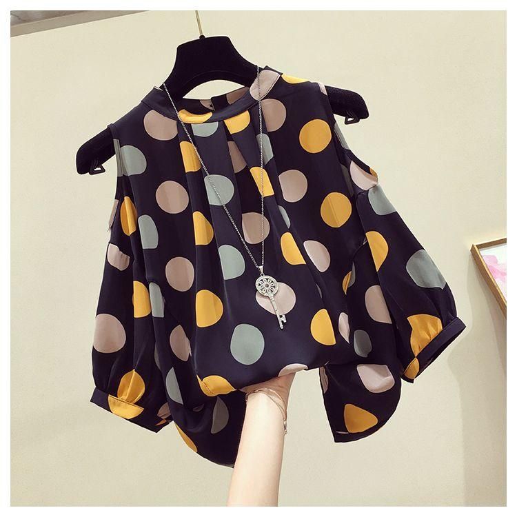 Large Size Women's Summer Fat Sister Loose Slimming Belly-Covered Western Style Top Polka Dot off-the-Shoulder Short Sleeve Chiffon Shirt