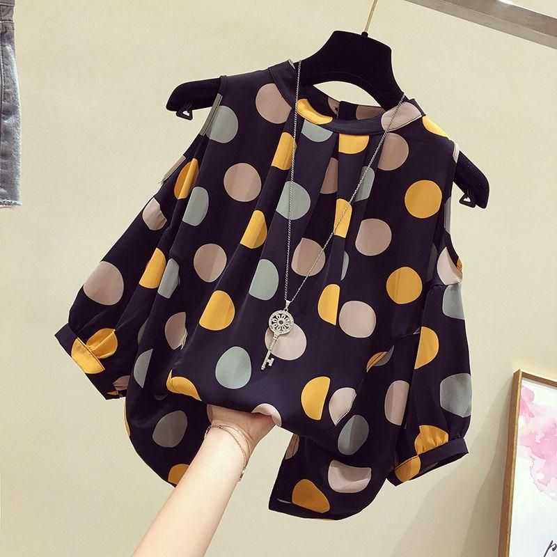 Large Size Women's Summer Fat Sister Loose Slimming Belly-Covered Western Style Top Polka Dot off-the-Shoulder Short Sleeve Chiffon Shirt