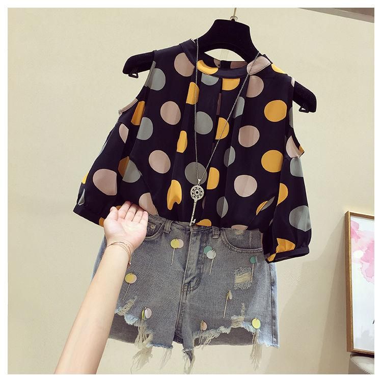 Large Size Women's Summer Fat Sister Loose Slimming Belly-Covered Western Style Top Polka Dot off-the-Shoulder Short Sleeve Chiffon Shirt
