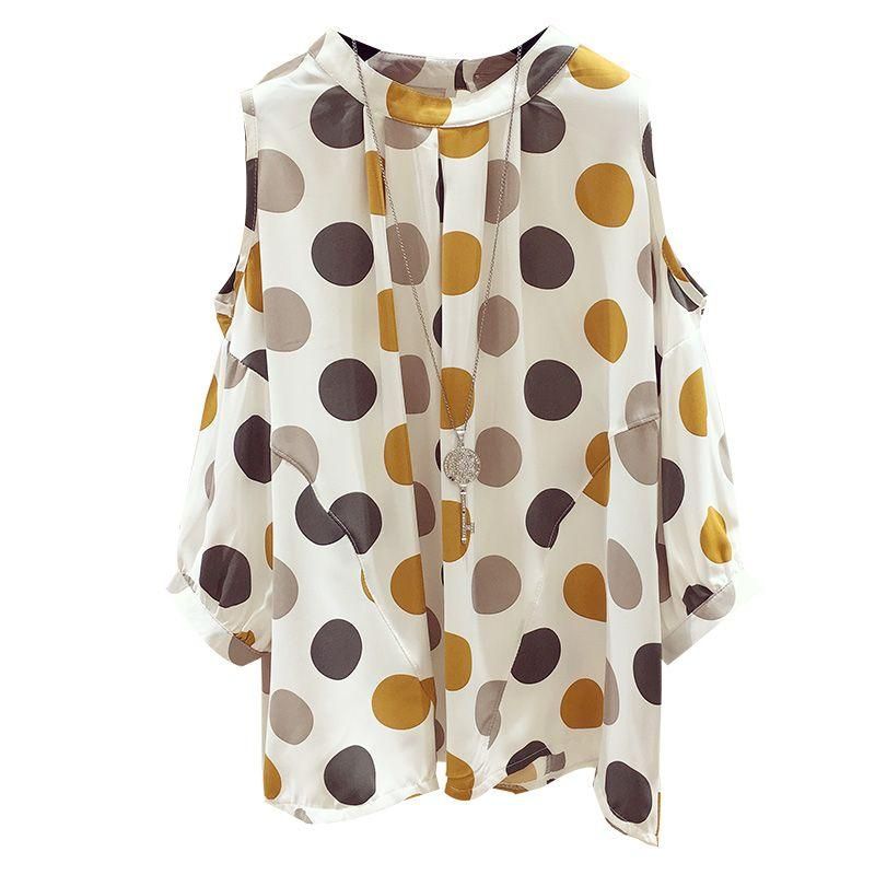 Large Size Women's Summer Fat Sister Loose Slimming Belly-Covered Western Style Top Polka Dot off-the-Shoulder Short Sleeve Chiffon Shirt