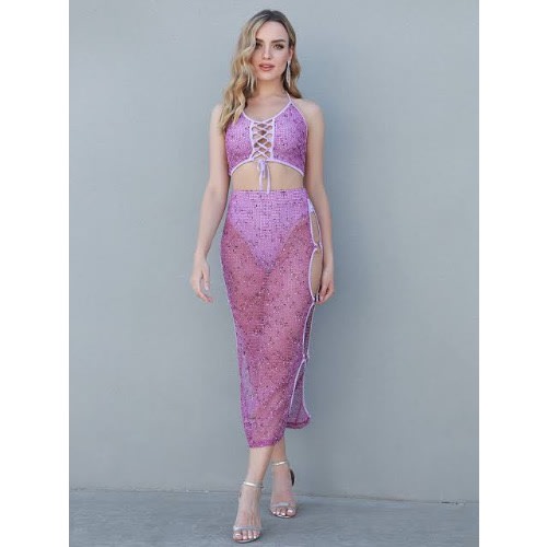 Halter Mesh Lace-up Bodycon Set -  Crop Top And Midi Skirt