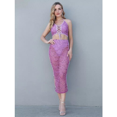 Halter Mesh Lace-up Bodycon Set -  Crop Top And Midi Skirt