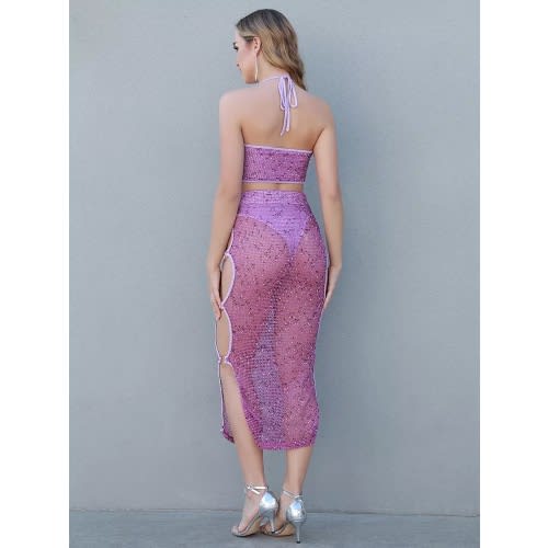 Halter Mesh Lace-up Bodycon Set -  Crop Top And Midi Skirt