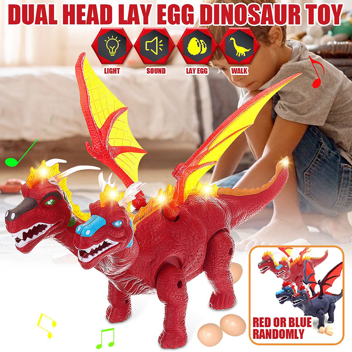 Electric Walking Twin Head Dinosaur Dinosaur Toy Music Function Lay Egg ABS