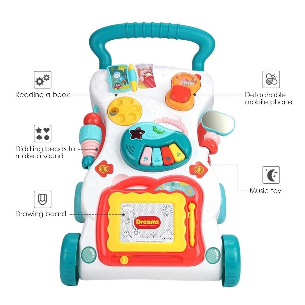 Multifunctional Baby Walker Anti-Rollover Sit-to-Stand Walker Stroller with Multiple Activities Music Toys Center Push Pull Walking for Babies Infants Toddlers