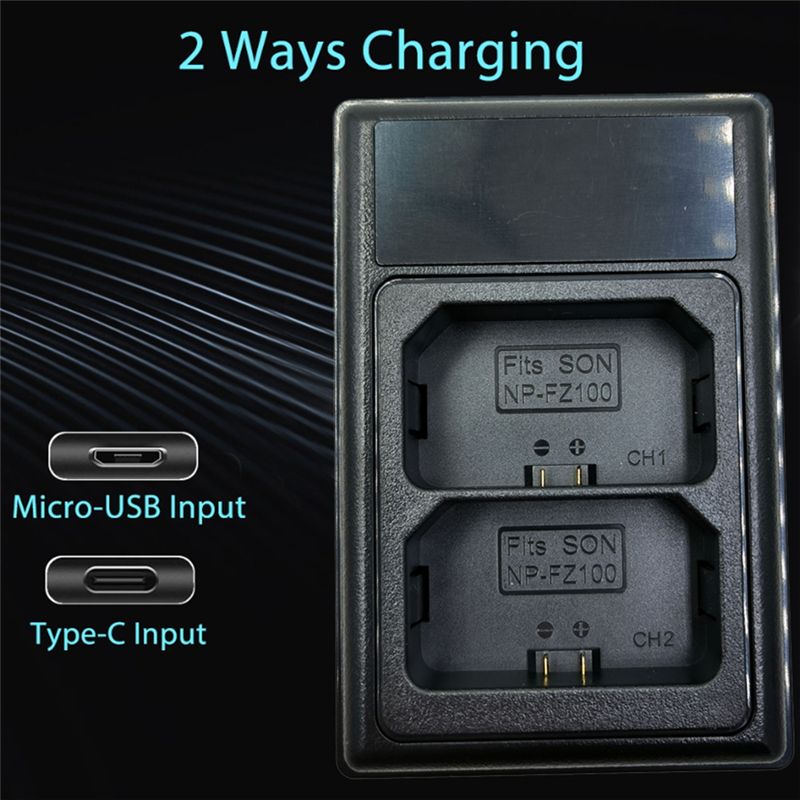 NP-FZ100 USB LCD Dual Battery Charger for Sony Camera A7III A7RIII A7373 A7R3 A9 A7R4 A7RM4 A6500 with Type-C Port