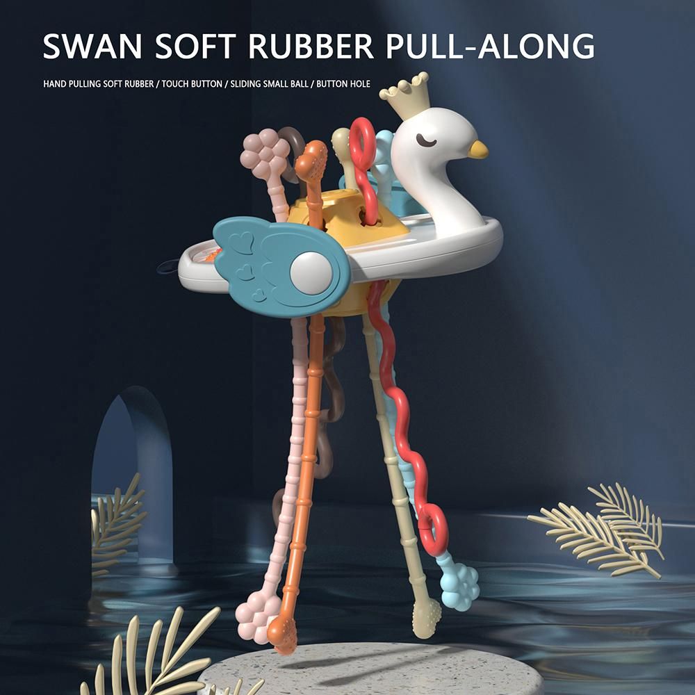 Pull String Toy for Baby Montessori Toys Sensory Toys for Toddlers Food Grade Silicone Baby Toys Swan Shape Toddler Travel Toy First Brithday Gift for 1/2/3 Years Old Boys Girls Baby Early Development Toys