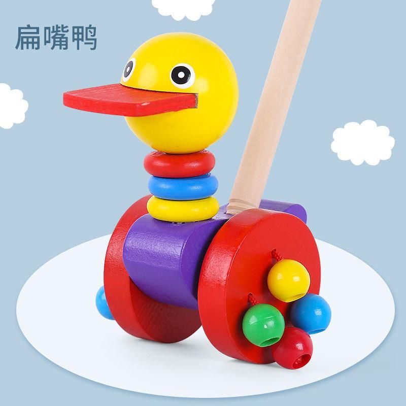 Baby wooden trolley cartoon animal push push music baby toddler single pole early education toy 0-3 years old walker Flat Billed Duck Trolley
