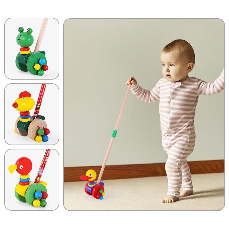 Baby wooden trolley cartoon animal push push music baby toddler single pole early education toy 0-3 years old walker Flat Billed Duck Trolley
