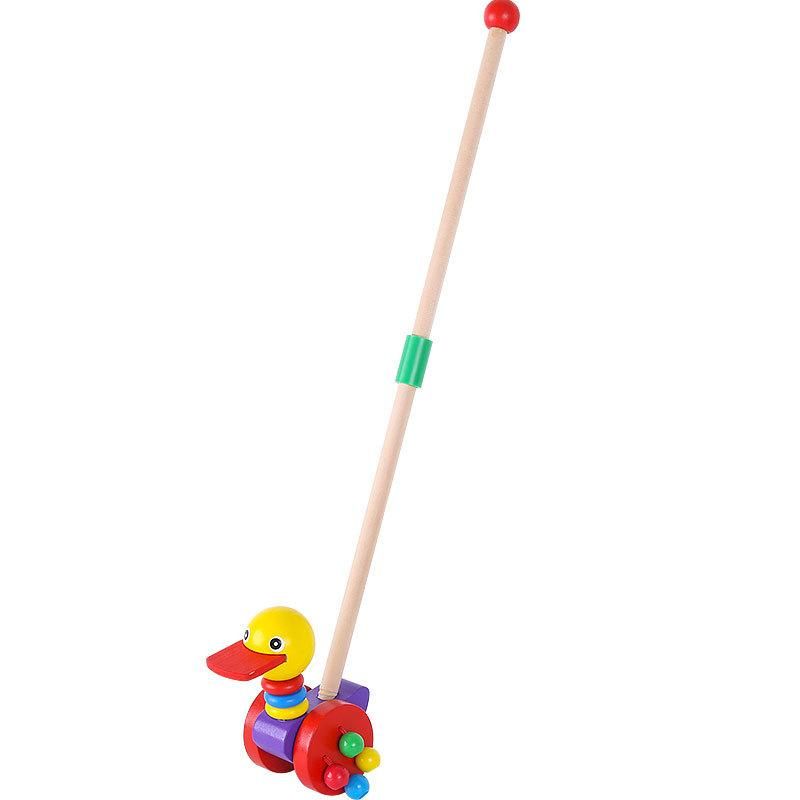 Baby wooden trolley cartoon animal push push music baby toddler single pole early education toy 0-3 years old walker Flat Billed Duck Trolley