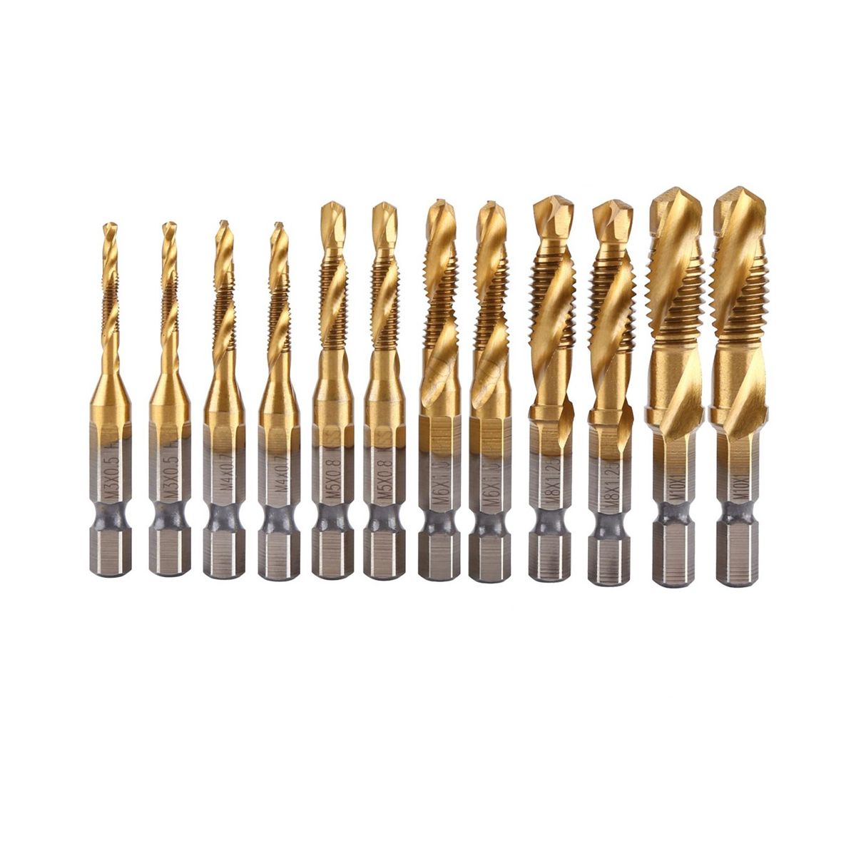 12Pcs Tap Drill Bit Set Hex Handle Titanium Plated HSS Screw Thread Bit Screw Machine Compound Tap for Metal Steel Wood